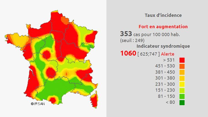 Carte de l'évolution de la gastro-entérite en France au 17 octobre 2016 (IRSAN)