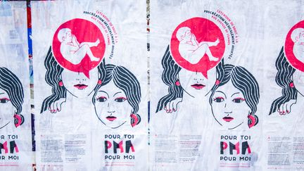 Des affiches du Parti communiste français (PCF) pour l'extention du droit à la procréation médicalement assistée (PMA) aux couples de femmes, le 28 juin 2017 à Rennes (Ille-et-Vilaine).&nbsp; (MARTIN BERTRAND / AFP)