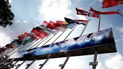 Les drapeaux européens à l'éntrée du Conseil de l'Europe. (PHILIPPE HUGUEN / AFP)