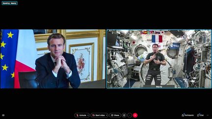 Emmanuel Macron et Thomas Pesquet lors de leur conversation, le 4 novembre 2021, entre Paris et la Station spatiale. (HANDOUT / ELYSEE PRESIDENTIAL PRESS SERVIC)