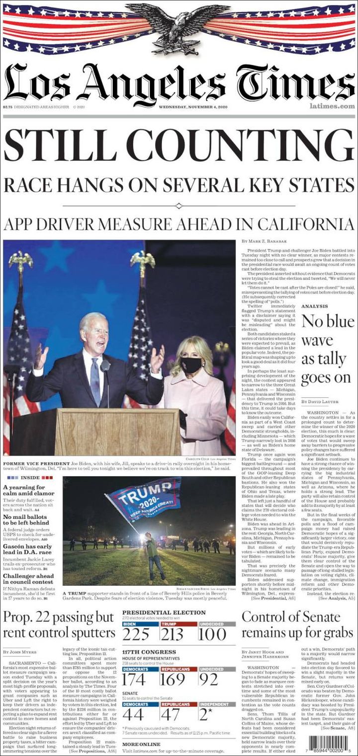 Une du "Los Angeles Times", le 4 novembre 2020. (THE LOS ANGELES TIMES)