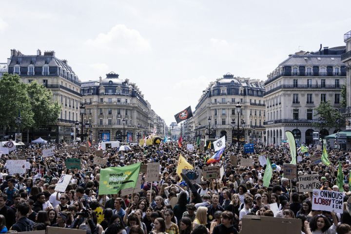 Le drapeau d'Extinction Rebellion flotte au milieu de militants&nbsp;de divers mouvements écologistes, à Paris le 24 mai 2019. (DENIS MEYER / HANS LUCAS / AFP)