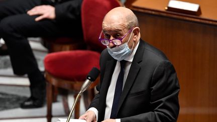 Le ministre des Affaires étrangères, Jean-Yves Le Drian, durant sa session de question à l'Assemblée Nationale.&nbsp; (ALAIN JOCARD / AFP)