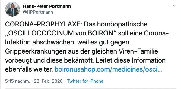 Le tweet, datant du 28 février 2020, supprimé depuis, dans lequel l'homme politique suisse Hans-Peter Portmann assure que l'homéopathie peut guérir le coronavirus. (CAPTURE D'ECRAN TWITTER)