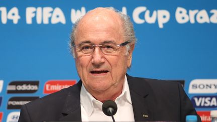 Sepp Blatter, pr&eacute;sident de la Fifa, lors d'une conf&eacute;rence de presse &agrave; Rio de Janeiro (Br&eacute;sil), le 14 juillet 2014. (FABIO MOTTA / ESTADAO CONTEUDO / AFP)