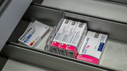 Des boîtes d'amoxicilline dans une pharmacie de Perpignan, le 6 janvier 2023. (MICHEL CLEMENTZ / MAXPPP)