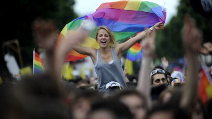 Selon les organisateurs, plus de 500 000 personnes pourraient avoir d&eacute;fil&eacute; samedi pour l'&eacute;dition 2012 de la Marche des fiert&eacute;s. (YOAN VALAT / MAXPPP)