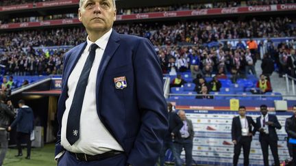 Bruno Génésio sur le banc de l'OL, le 18 mai 2019. (PHILIPPE DESMAZES / AFP)