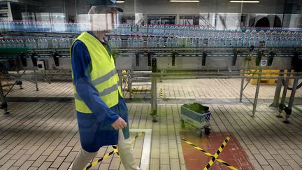 Un employé de Nestle Waters dans l'usine qui produit l'eau minérale Contrex, à Contrexeville (Vosges), en 2017. (SEBASTIEN BOZON / AFP)