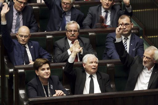 En bas à gauche, Beata Szydlo, Première ministre de Pologne. A sa droite, Jaroslaw Kaczynski, président du Parti Loi et Justice (PiS). Lequel passe pour être le vrai chef de gouvernement agissant dans l'ombre...  (REUTERS - Kacper Pempel)