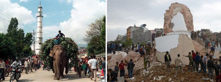 La tour Dharahara avant et après le séisme du 25 avril 2015 (STF - AFP)