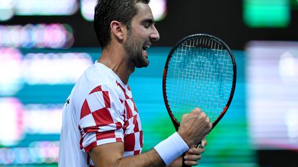 Marin Cilic lors du match l'opposant à Lucas Pouille, à Zadar (Croatie), le 16 septembre 2016. (ANDREJ ISAKOVIC / AFP)