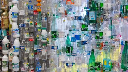 Un mur de bouteilles en plastique photographié à Paris, en janvier 2020. (RICCARDO MILANI / HANS LUCAS / AFP)