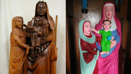 La statue de la Vierge Marie de la chapelle d'El Ranadoiro, un hameau de la région des Asturies (nord de l'Espagne), avant et après sa restauration.&nbsp; (AFP)