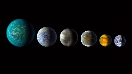 Représentation de planètes présentant des similitudes avec la Terre. De gauche à droite : Kepler-22b, Kepler-69c, Kepler-452b, Kepler-62f, Kepler-186f et la Terre. (UNIVERSAL HISTORY ARCHIVE VIA GETTY IMAGES)