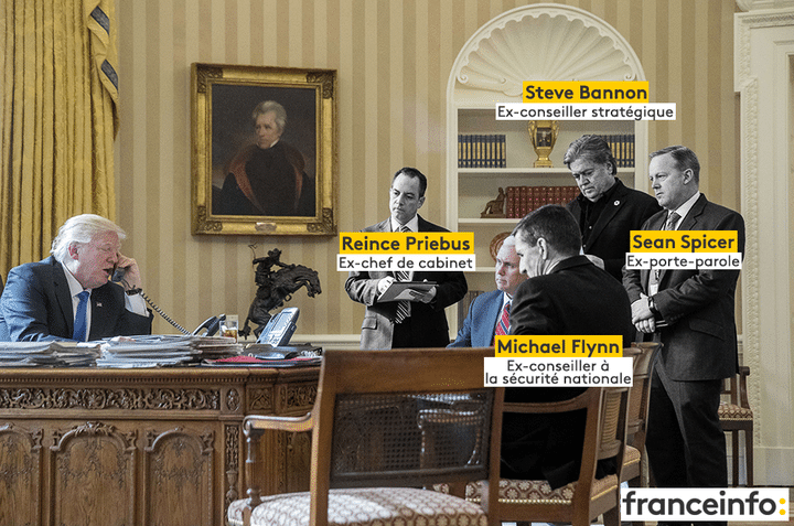 De gauche à droite, Donald Trump, son ex-chef de cabinet&nbsp;Reince Priebus,&nbsp;le vice-président&nbsp;Mike Pence,&nbsp;l'ex-conseiller sur la sécurité nationale&nbsp;Michael Flynn,&nbsp;l'ex-conseiller&nbsp;Steve Bannon&nbsp;et l'ancien&nbsp;responsable des relations presse,&nbsp;Sean Spicer. (ANDREW HARNIK / SIPA / AP)