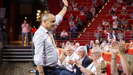 &nbsp;Laurent Berger, pendant la proclamation des résultats lors du 50e Congrès confédéral de la CFDT, à Lyon, le 16 juin 2022. (NORBERT GRISAY / HANS LUCAS)