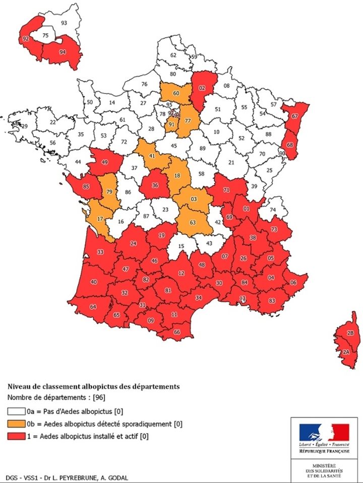 La carte des départements où le moustique tigre est présent. (DGS)