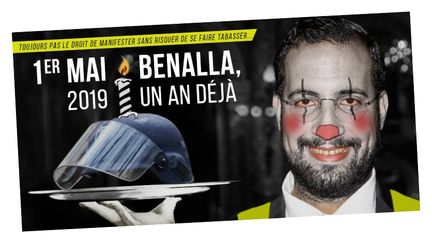 Photomontage de l'ancien chargé de mission de l'Elysée Alexandre Benalla réalisé par le collectif Cerveaux non disponibles dans le cadre du défilé prévu le 1er mai 2019. (CERVEAUX NON DISPONIBLES / FACEBOOK)