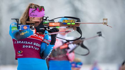 Malgré la belle prestation de Justine Braisaz-Bouchet, l'équipe de France n'a pas décroché de place sur le podium à Ruhpolding, mercredi. (SVEN HOPPE / DPA)