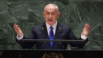 Le Premier ministre Benyamin Nétanyahou durant l'assemblée générale de l'ONU à New York, le 27 septembre 2024. (CHARLY TRIBALLEAU / AFP)