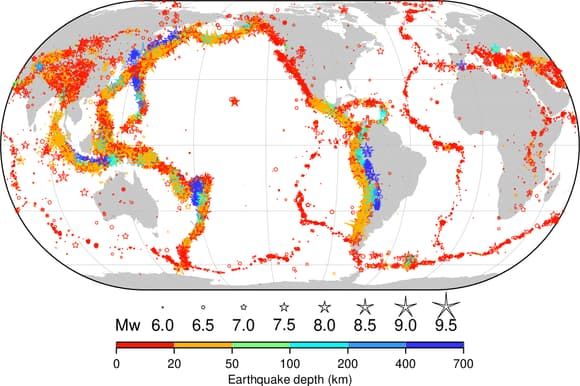 Les tremblements de terre avec une magnitude supérieure à 5,5 survenus depuis le début du XXe siècle. (INTERNATIONAL SEISMOLOGICAL CENTRE)