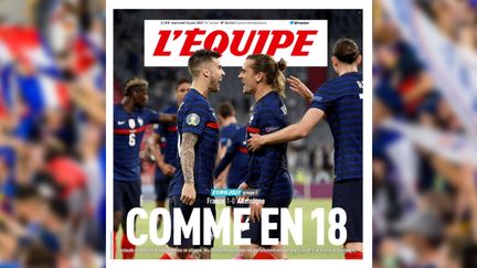 La une du journal "L'Equipe", le 16 juin&nbsp;2021, après la victoire&nbsp;de l'Equipe de France face à l'Allemagne, lors de l'Euro de football. (L'EQUIPE)