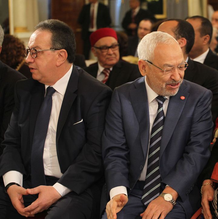 Hafedh Caid Essebsi et Rachef Ghannouchi à Tunis le 20 mars 2018. (Mohamed Hammi/Sipa Press)