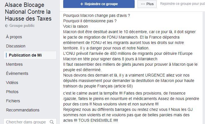 Un message condamnant le pacte de l'ONU sur les migrations, publié sur l'une des pages Facebook de soutien au mouvement des "gilets jaunes", le 3 décembre 2018.&nbsp; (FACEBOOK)