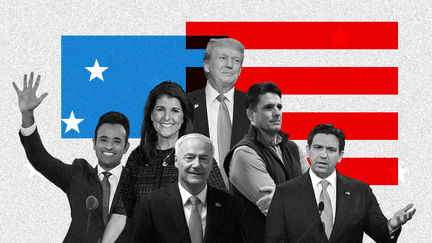 Six candidats sont en lice pour les primaires du Parti républicain : Ryan Binkley, Ron DeSantis, Asa Hutchinson, Nikki Haley, Vivek Ramaswamy et Donald Trump. (ASTRID AMADIEU / FRANCEINFO)