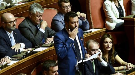 Matteo Salvini au Sénat&nbsp;de la République à Rome,&nbsp;le 13 août 2019.&nbsp; (FILIPPO MONTEFORTE / AFP)