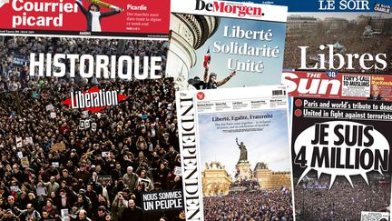 Des unes de journaux dat&eacute;s du 12 janvier 2015, au lendemain de marches r&eacute;publicaines historiques en France. (FRANCETV INFO)