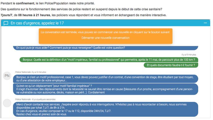 Capture d'écran de la plateforme du "tchat" de la police nationale mis en place pour répondre aux questions liées à la sécurité pendant la crise sanitaire. (POLICE NATIONALE)