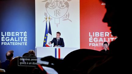 Emmanuel Macron a donné une conférence de presse, le 16 janvier 2024. (ALEXANDRE MARCHI / MAXPPP)