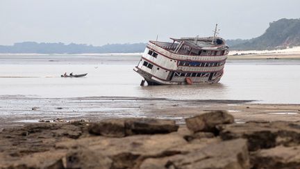 Le navire de transport de passagers "Alianca III" s'est échoué sur un banc de sable du Rio Negro, près de Manaus, au Brésil, le 16 octobre 2023. (RAPHAEL ALVES / MAXPPP)