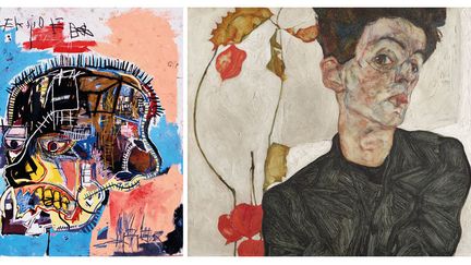 A gauche, Jean Michel Basquiat, "Untitled", 1981, Collection Eli and Edythe L. Broad – A droite Egon Schiele, "Autoportrait à la lanterne chinoise", 1912, Leopold Museum, Vienne
 (A gauche © Estate of Jean-Michel Basquiat. Licensed by Artestar, New York. Photo : Courtesy of Douglas M. Parker Studio, Los Angeles – A droite photo © Fotografie Leopold Museum Wien )