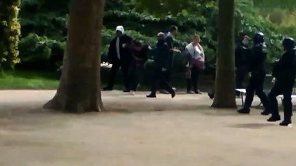 Une image obtenue par Mediapart montre l'interpellation effectuée par Alexandre Benalla et Vincent Crase, le&nbsp;1er mai 2018, au Jardin des plantes, à Paris. (MEDIAPART)