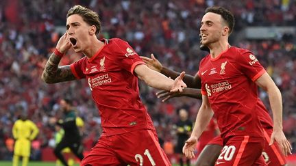 La joie du défenseur de Liverpool&nbsp;Kostas Tsimikas qui offre la victoire à Liverpool contre Chelsea, en finale de la Coupe d'Angleterre, le 14 mai 2022 à Londres. (GLYN KIRK / AFP)