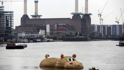 Un hippopotame g&eacute;ant en bois r&eacute;alis&eacute; par l'artiste hollandais&nbsp;Florentijn Hofman est expos&eacute; immerg&eacute; dans la Tamise &agrave; Londres (Royaume-Uni), le 3 septembre 2014. (JACK TAYLOR / AFP)