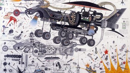 L’artiste crée au crayon et au stylo bille sur de très grandes feuilles des machines imaginaires, des engins pour la plupart destinés à faire la guerre et à tuer. Il accompagne ses véhicules futuristes – certains nommés "Avion sorcière" ou "Arme mystique" – de nombreuses annotations techniques, de schémas complexes, de rouages et de calculs ésotériques. Humains mais aussi extraterrestres trouvent alors ici leur place dans certaines de ses œuvres où la destruction est omniprésente. Le rapport de l’artiste aux machines est "ambigu", souligne sur RFI, Gaël Charbau, le commissaire artistique de l’exposition. "La vision du monde d’Abu Bakarr Mansaray est généreuse, humaniste, mais il se bat aussi contre des démons. La guerre civile l’a marqué et cela se ressent parfois. D’autres tableaux, en revanche, témoignent d’une imagination totalement débridée qui n’est rien d’autre que la poésie mécanique d’un ingénieur-poète".&nbsp; &nbsp; &nbsp; (ABU BAKARR MANSARAY, COURTESY OF THE JEAN PIGOZZI COLLECTION OF AFRICAN ART. PHOTO: MAURICE AESCHIMANN)