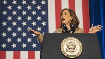 La candidate démocrate à l'élection présidentielle américaine, Kamala Harris, le 27 septembre 2024 à Douglas (Arizona). (REBECCA NOBLE / AFP)