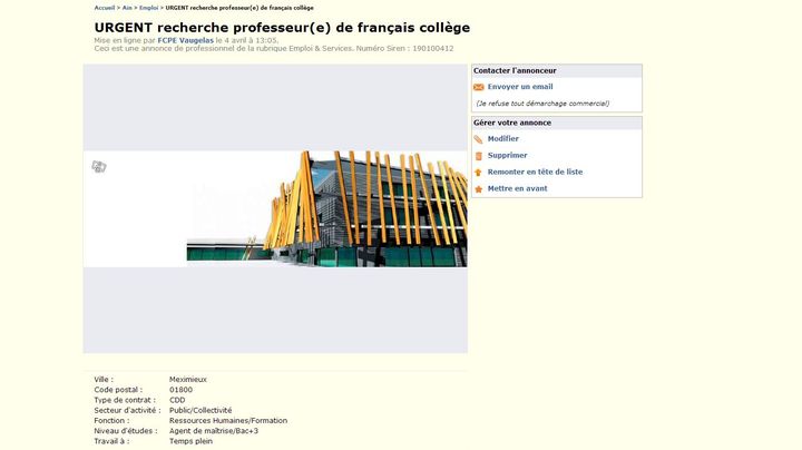 L'annonce d&eacute;pos&eacute;e par des parents d'&eacute;l&egrave;ves d'un coll&egrave;ge de Meximieux (Ain), le 4 avril 2014, sur le site Le Bon Coin. (LE BON COIN / FRANCETV INFO)