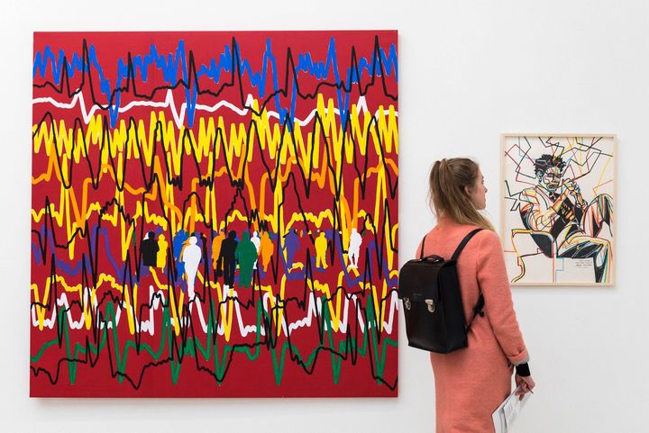 Tableau " Le Coeur fait ce qu'il veut Cardiogramme" et "Jean-Michel (Basquiat)" de Gérard Fromanger, exposé à Londres en 2019.&nbsp; (STEPHEN CHUNG/LNP/REX/SIPA / SHUTTERSTOCK)