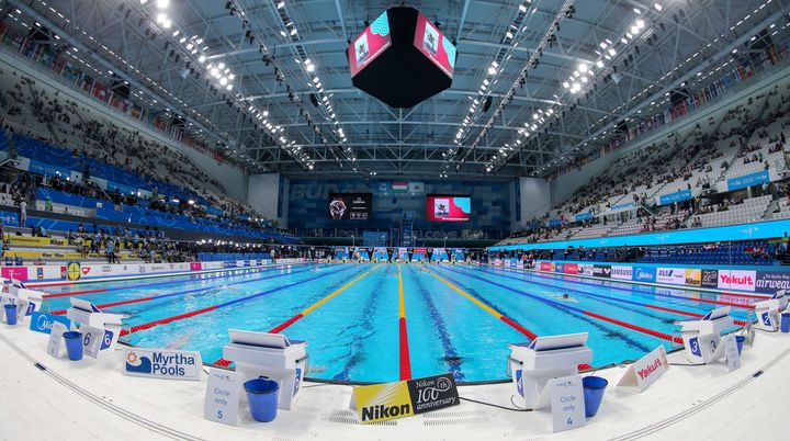 La Duna Arena, piscine de Budapest qui a accueilli les Mondiaux de natation, du 18 au 25 juin 2022 . (JASTRZEBOWSKI / SIPA)