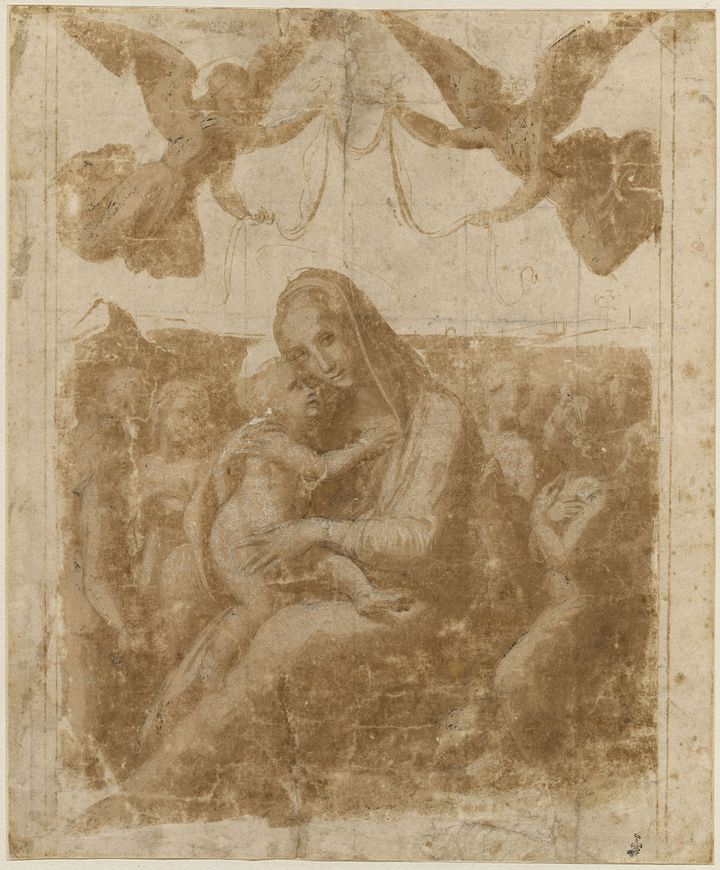 Madone d'humilité, couronnée par deux anges, volant et entourée par six autres anges - Plume et encre brune, lavis brun, rehauts de blanc, tracé préparatoire à la pierre noire - de Raffaello Sanzio, dit Raphaël (Urbino, 1483 - Rome, 1520). (RMN - GRAND PALAIS - DOMAINE DE CHANTILLY - THIERRY OLLIVIER 2019)