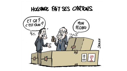 Le départ de François Hollande de l'Elysée vu par le dessinateur Delucq. Dessin reproduit avec l'aimable autorisation de son auteur. (DELUCQX / TWITTER)