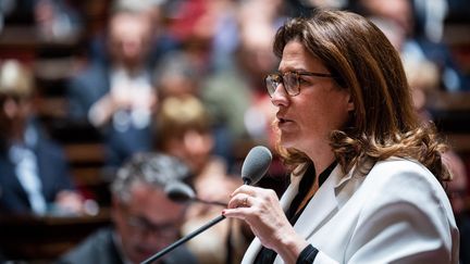 Sonia Backès, secrétaire d’État chargée de la Citoyenneté, lors d'une session de questions au gouvernement au Sénat le 12 avril 2023. (XOSE BOUZAS / HANS LUCAS)