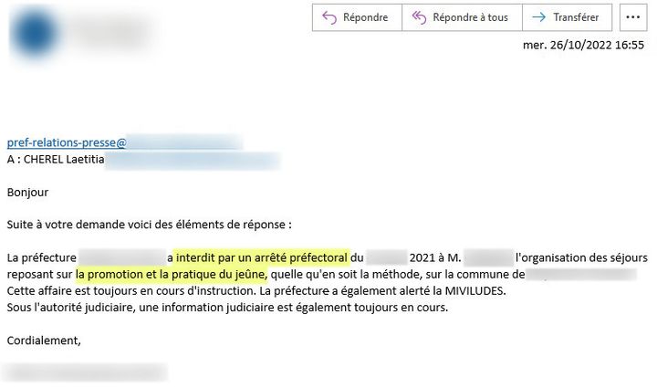 Mail de la préfecture confirmant l’interdiction faite à un homme d’organiser des stages de jeûne après le décès d’une des participantes. (DR)