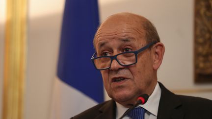 Le ministre des Affaires étrangères Jean-Yves Le Drian lors d'une conférence de presse au Caire (Egypte) le 17 septembre 2019. (MOHAMED EL-SHAHED / AFP)