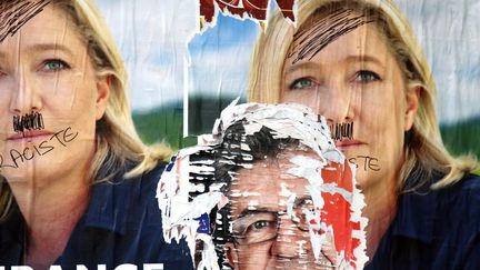 Affiches de Marine Le Pen et Jean-Luc Mélenchon vandalisées à Thionville (Moselle) le 7 mai 2017 (PIERRE HECKLER / MAXPPP)